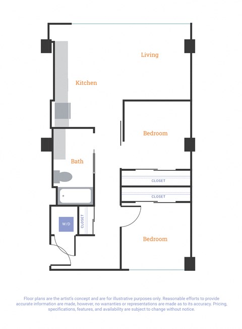 Floor plan for 2 beds, 1 bath, 874 sqft